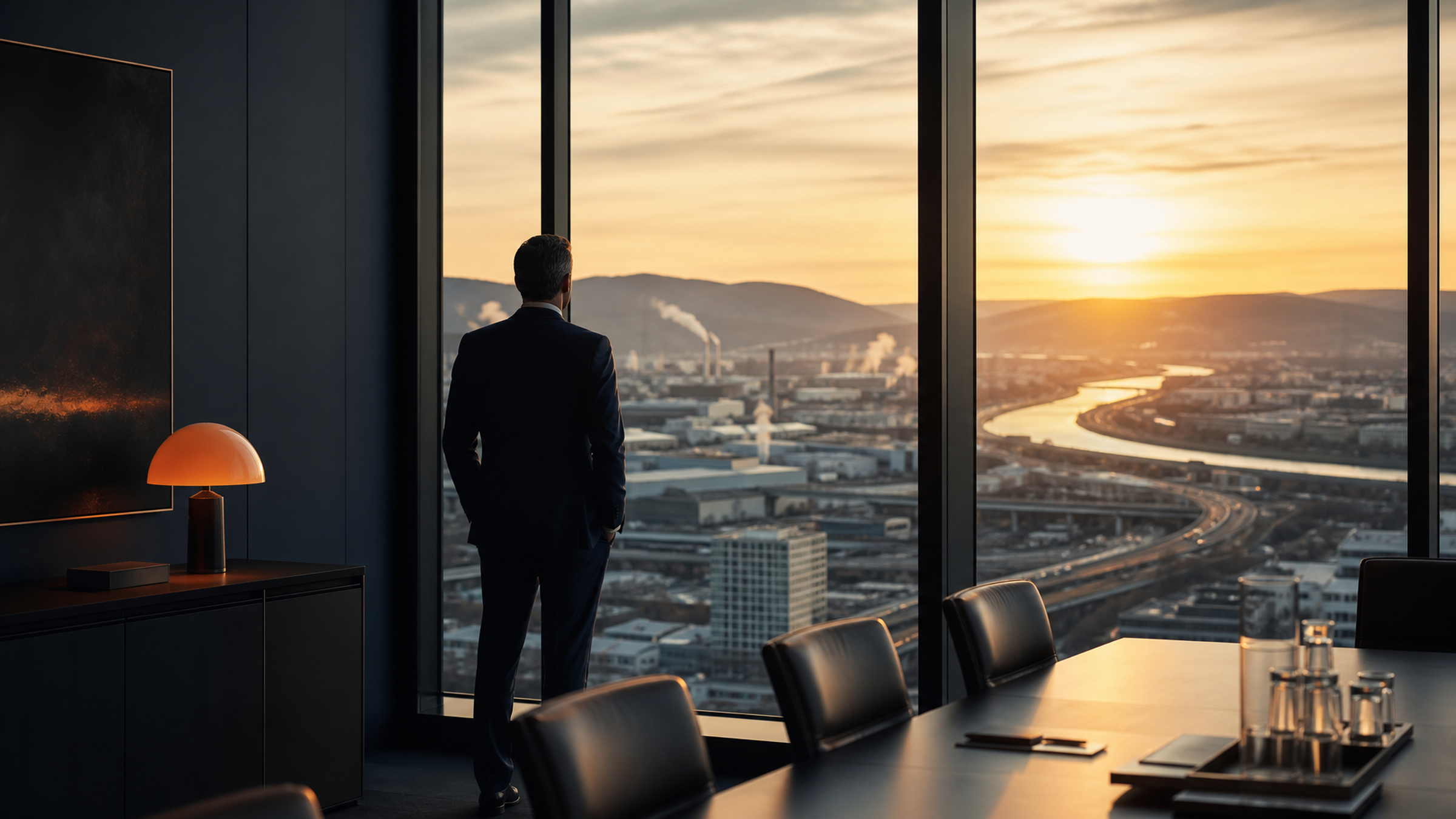Executive at boardroom window overlooking a German industrial city at golden hour — leaping ahead of the competition.